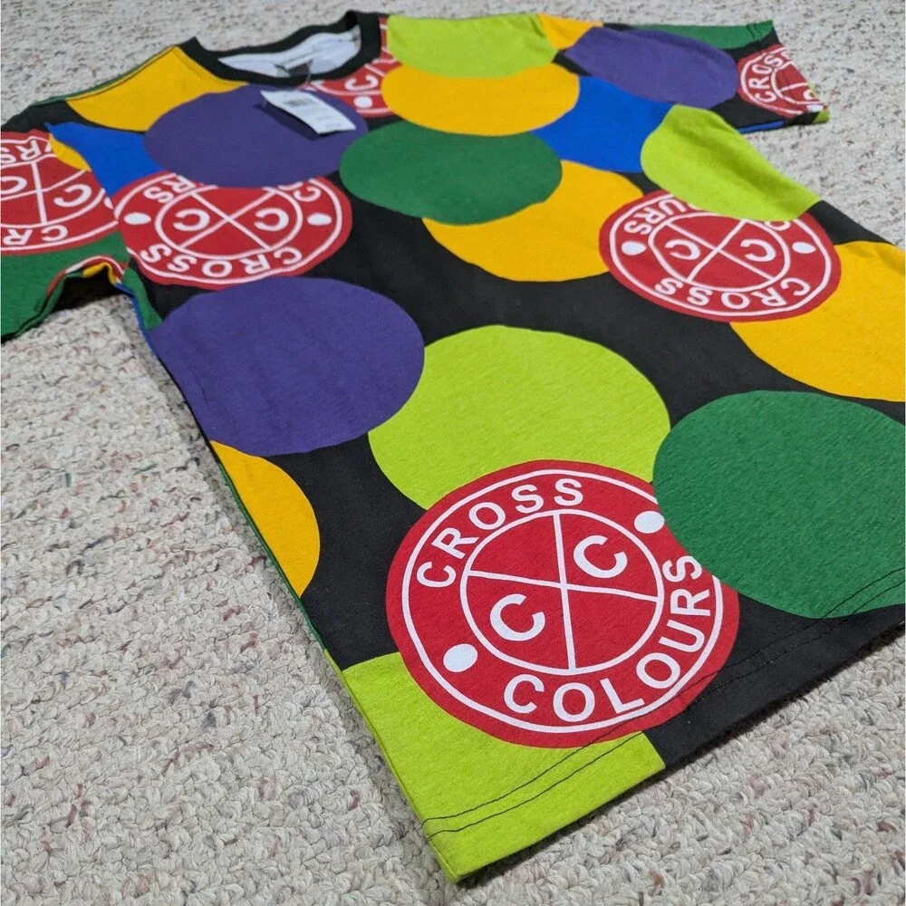Cross Colours T-Shirt Mens SMALL Posse Circles Polka Dot Streetwear Hip-Hop Tee